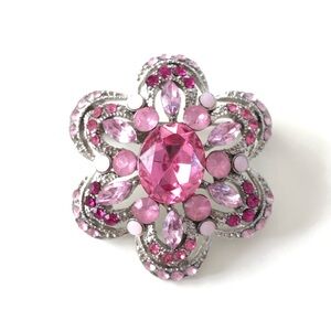 Flower Brooch Pink Rhinestones Silvertone 1.25”